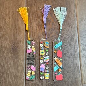 Set of Handmade Teacher Bookmarks with Yellow, Purple, and Blue Tassels